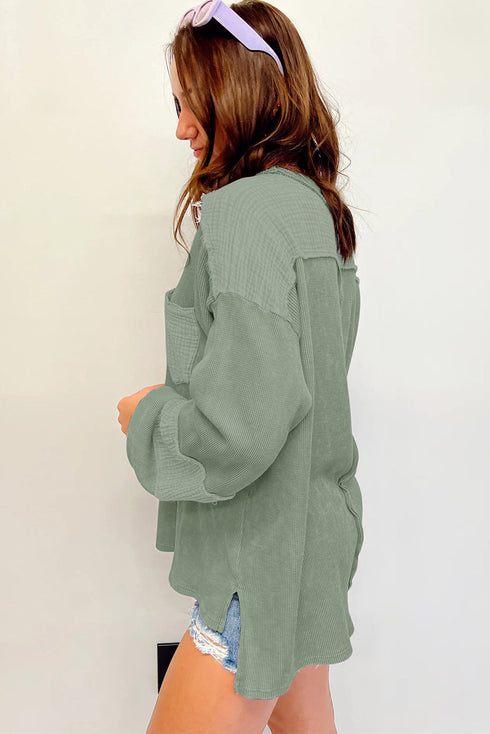 Exposed Seam Patchwork Bubble Sleeve Waffle Knit Top